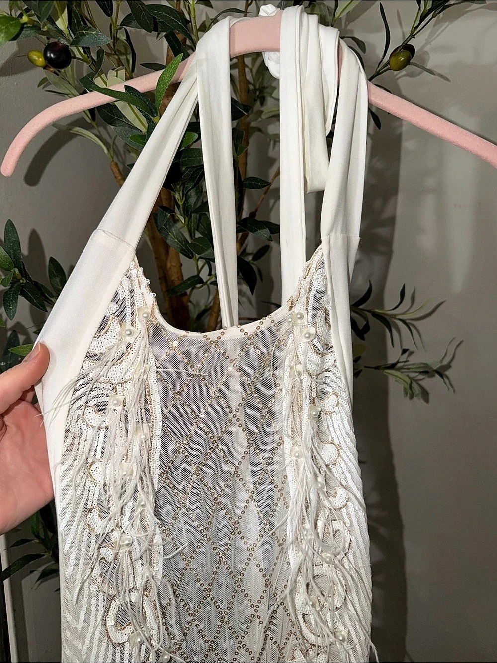 sky apparel Embellished Fringe Jumpsuit in White NWT
